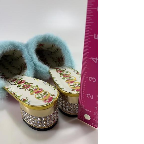 Gucci 41 Gold Metallic Aqua Mink Fur Crystal Heel Mules Slides D888 - Picture 6 of 12